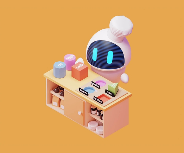 An illustration of a robot in 3D style on a solid orange background